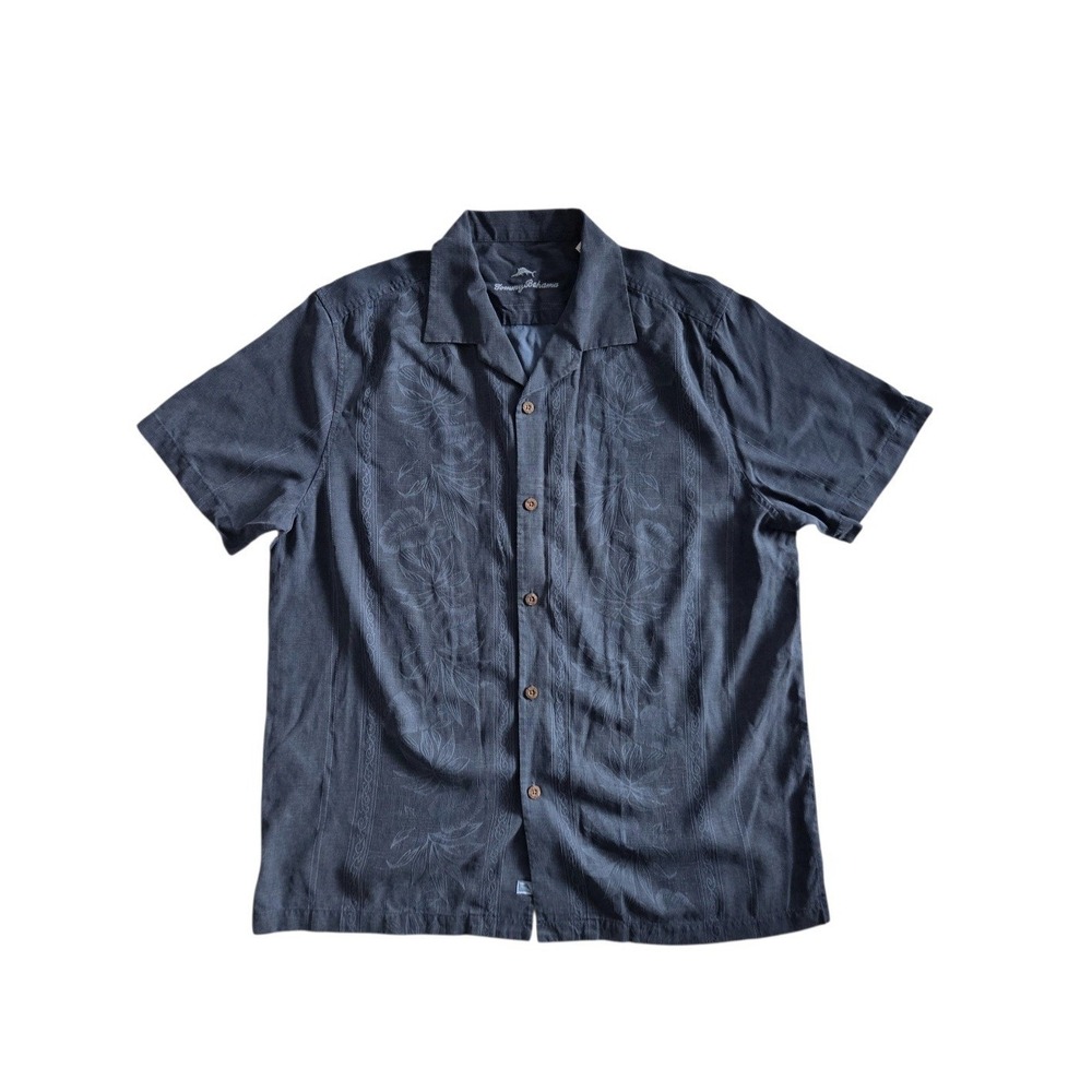 Tommy Bahama 100% Silk Camp Shirt Navy Embroidered Floral Tropical XL‎ Vacation